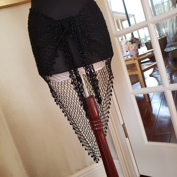 BLACK beaded scarf, belly dancing, swim cover up - Picture 2 of 3